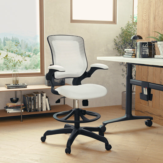 Kale Mid-Back White Mesh Ergonomic Drafting Chair with Adjustable Foot Ring and Flip-Up Arms White