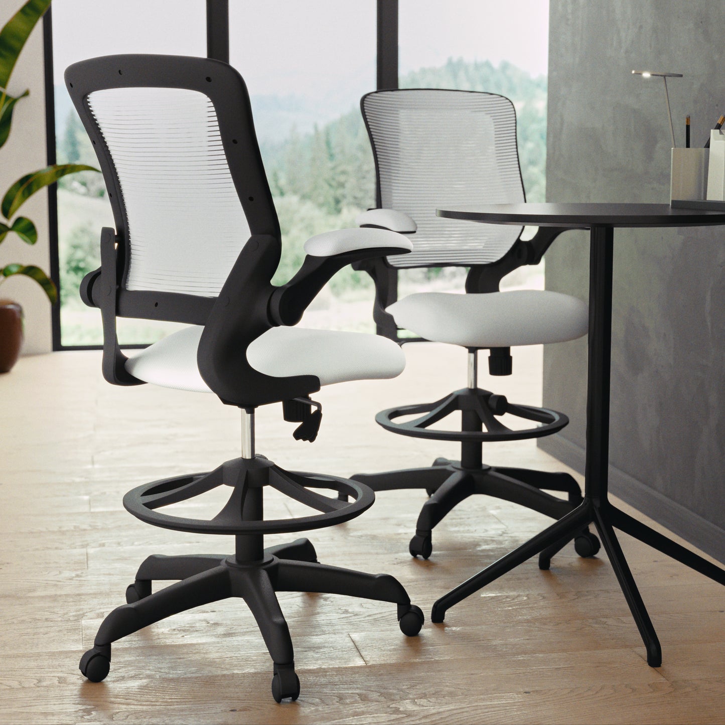 Kale Mid-Back White Mesh Ergonomic Drafting Chair with Adjustable Foot Ring and Flip-Up Arms White
