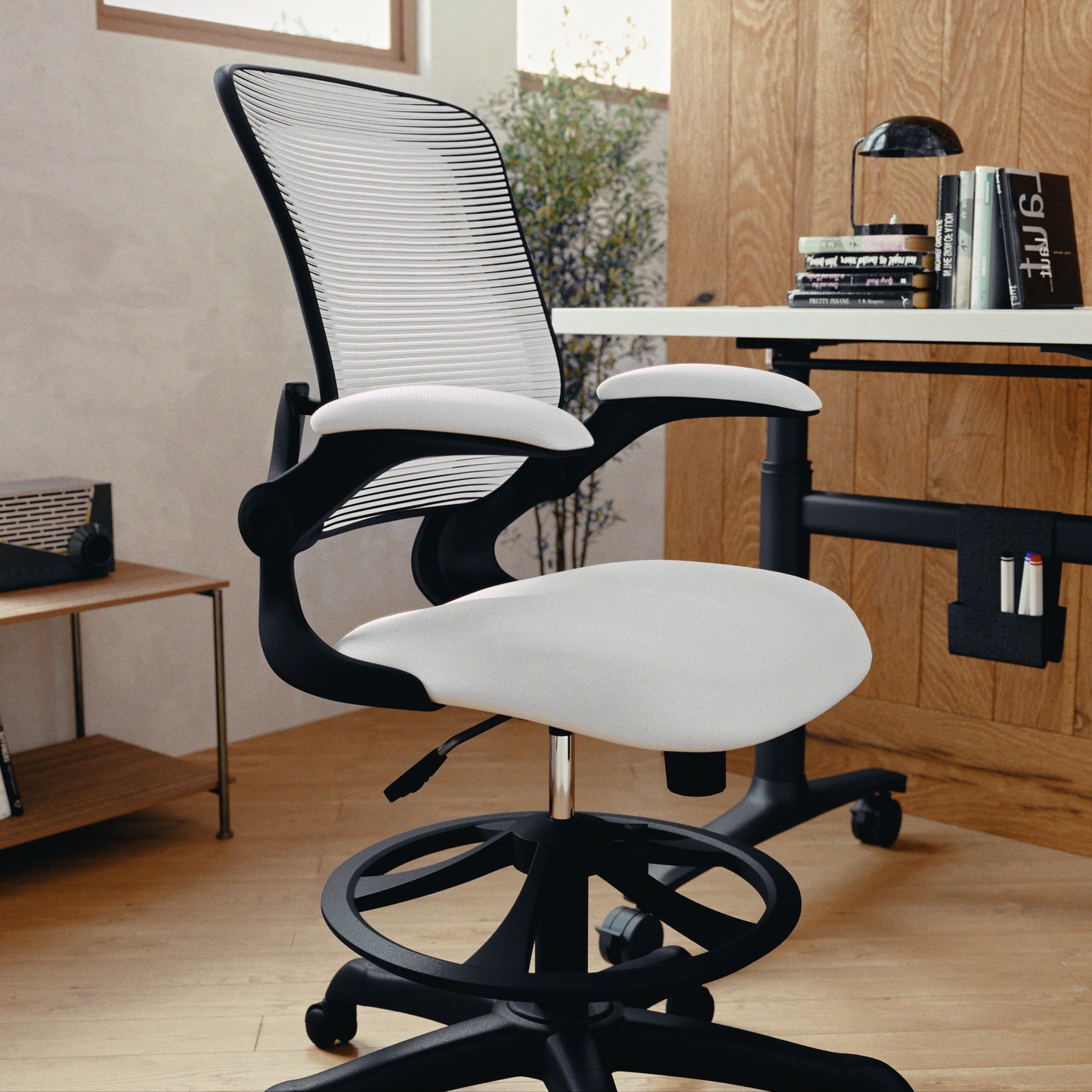 Kale Mid-Back White Mesh Ergonomic Drafting Chair with Adjustable Foot Ring and Flip-Up Arms White