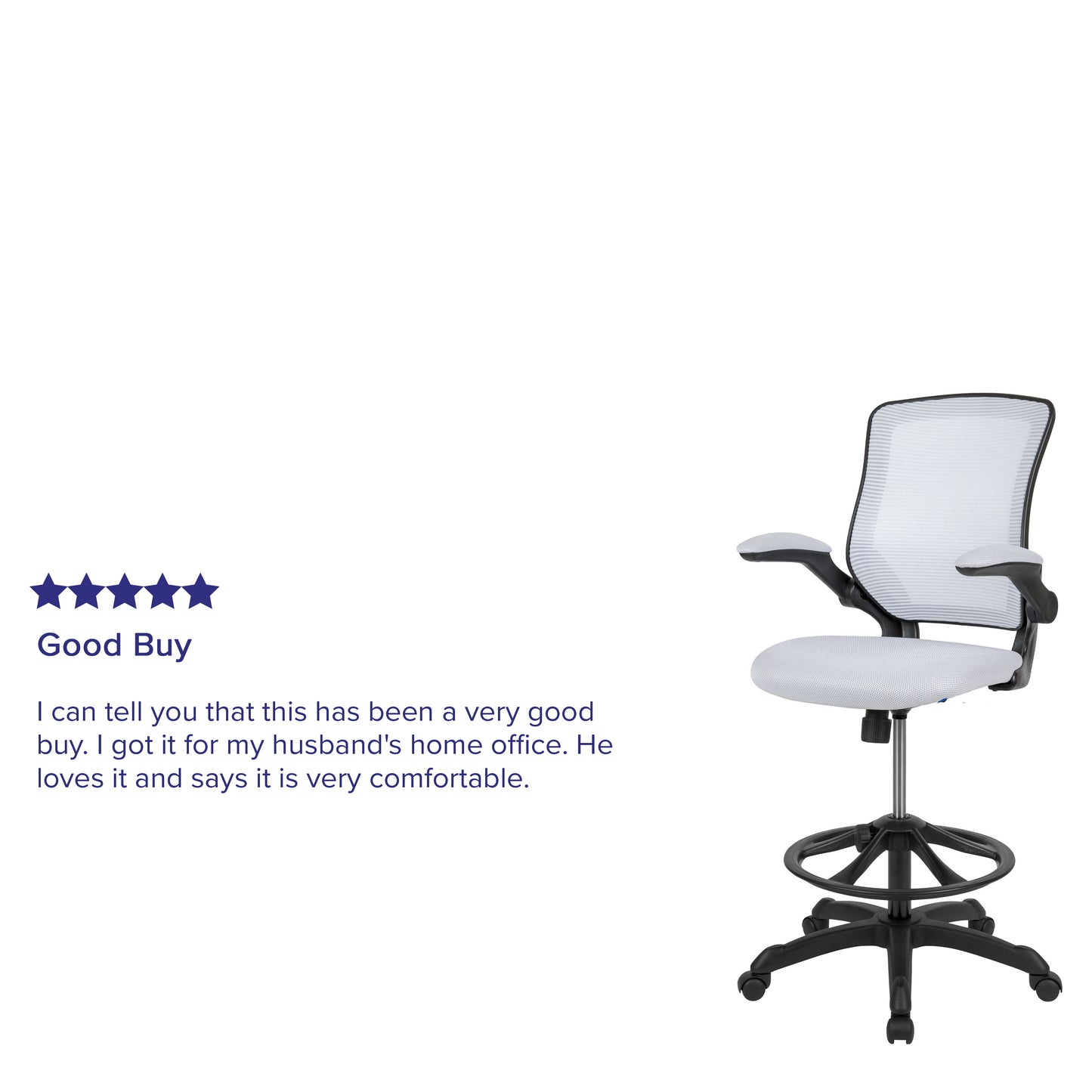 Kale Mid-Back White Mesh Ergonomic Drafting Chair with Adjustable Foot Ring and Flip-Up Arms White
