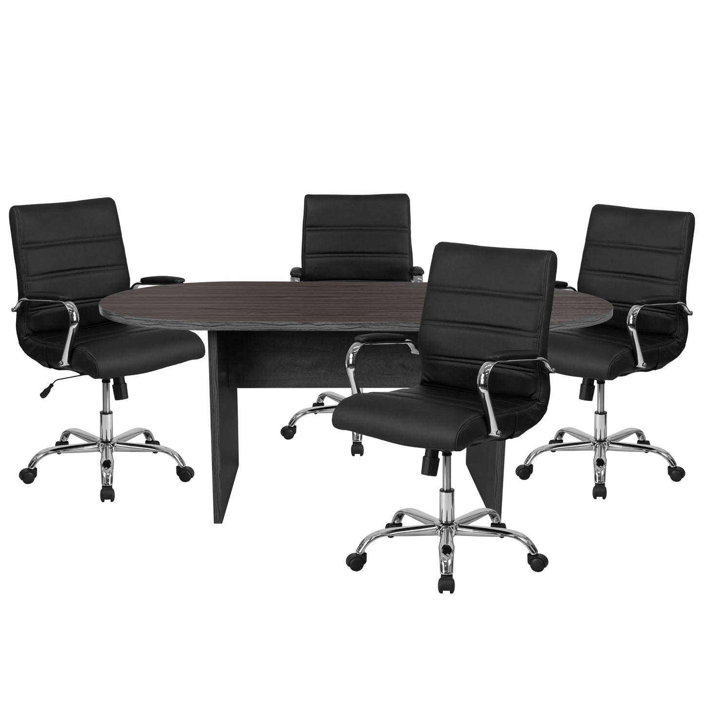 Lake 5 Piece Rustic Gray Oval Conference Table Set with 4 Black and Chrome LeatherSoft Executive Chairs Rustic Gray