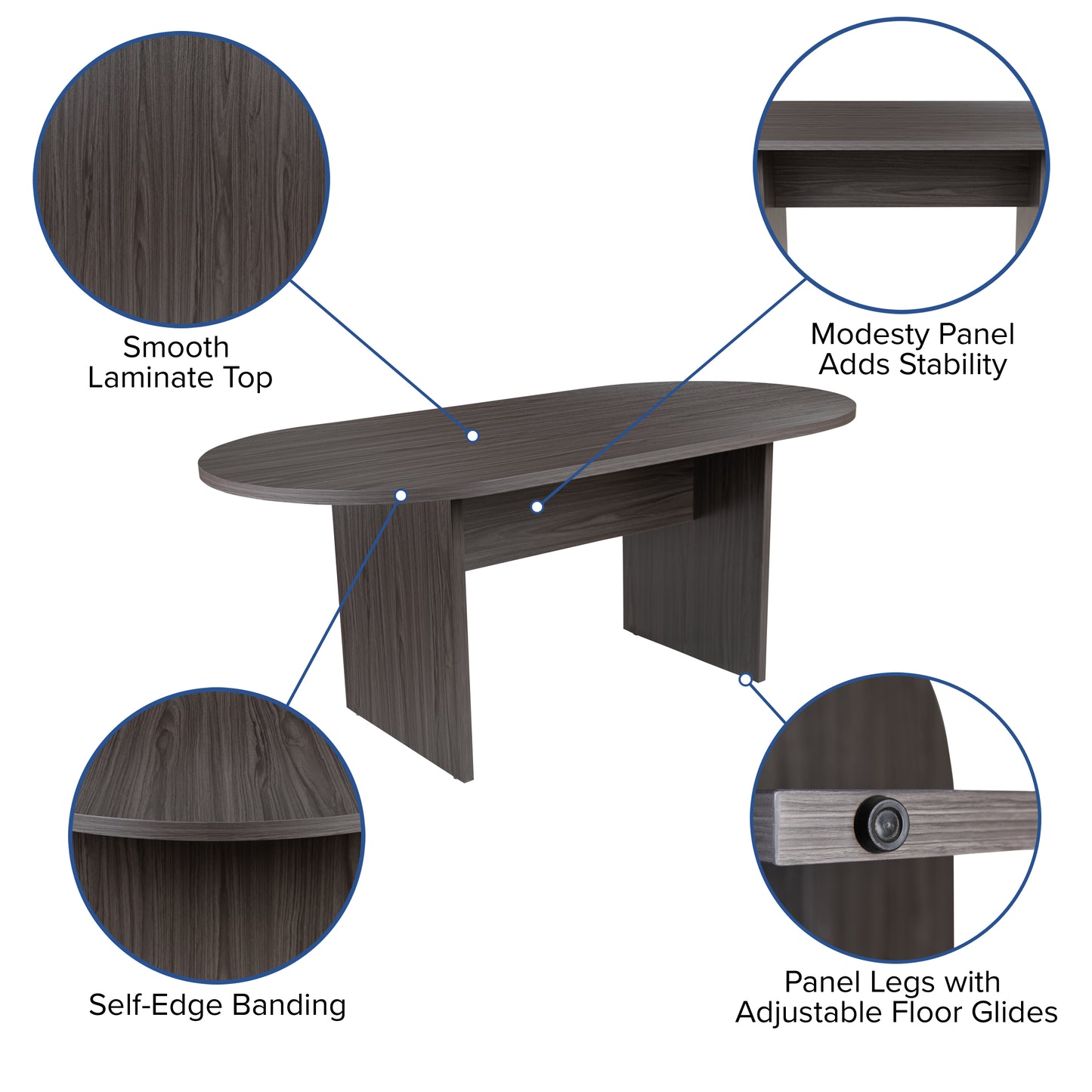 Lake 5 Piece Rustic Gray Oval Conference Table Set with 4 Black and Chrome LeatherSoft Executive Chairs Rustic Gray