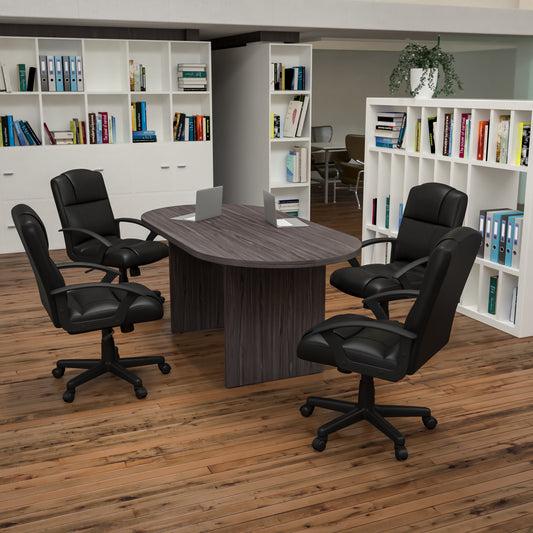 Lake 5 Piece Rustic Gray Oval Conference Table Set with 4 Black LeatherSoft-Padded Task Chairs Rustic Gray