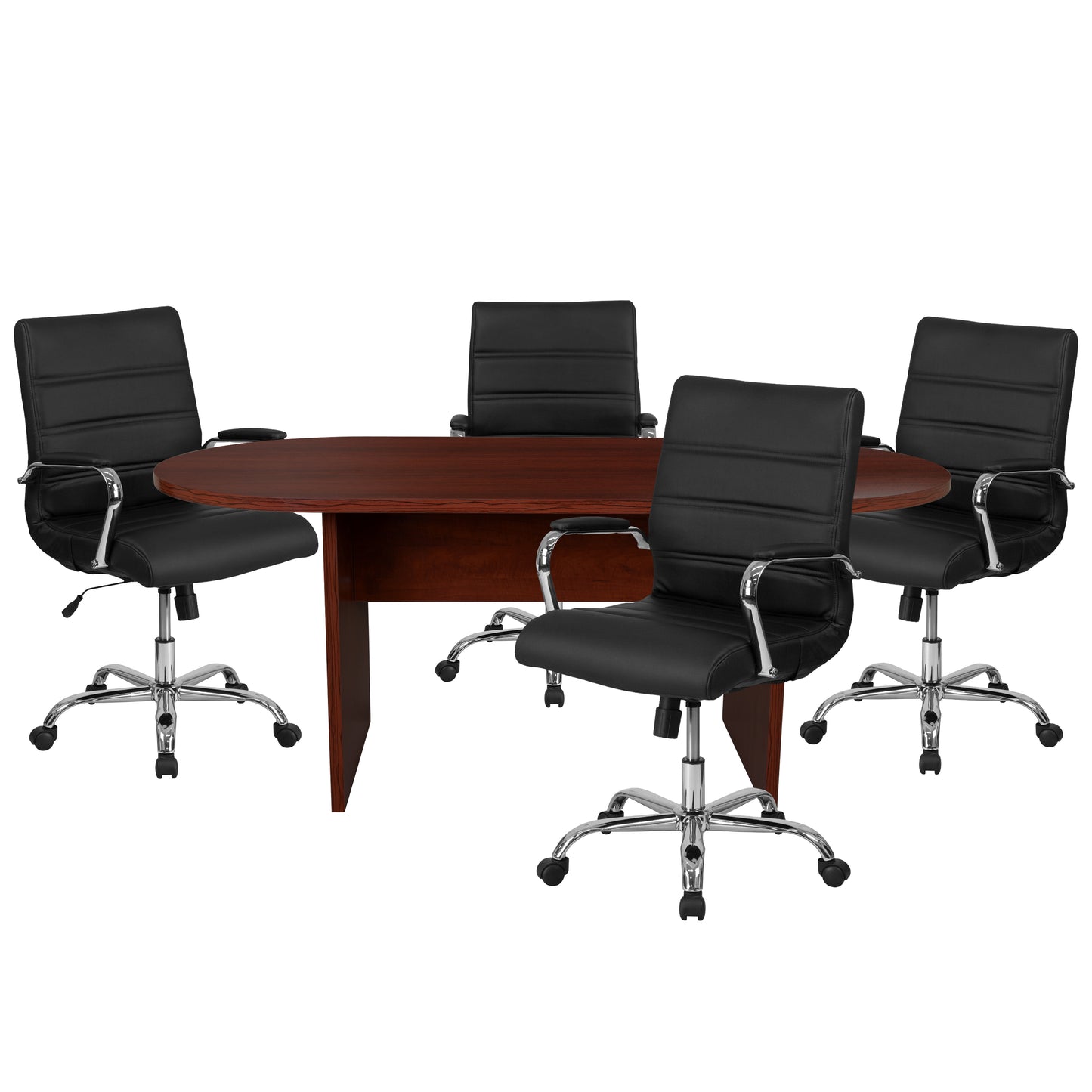 Lake 5 Piece Mahogany Oval Conference Table Set with 4 Black and Chrome LeatherSoft Executive Chairs Mahogany