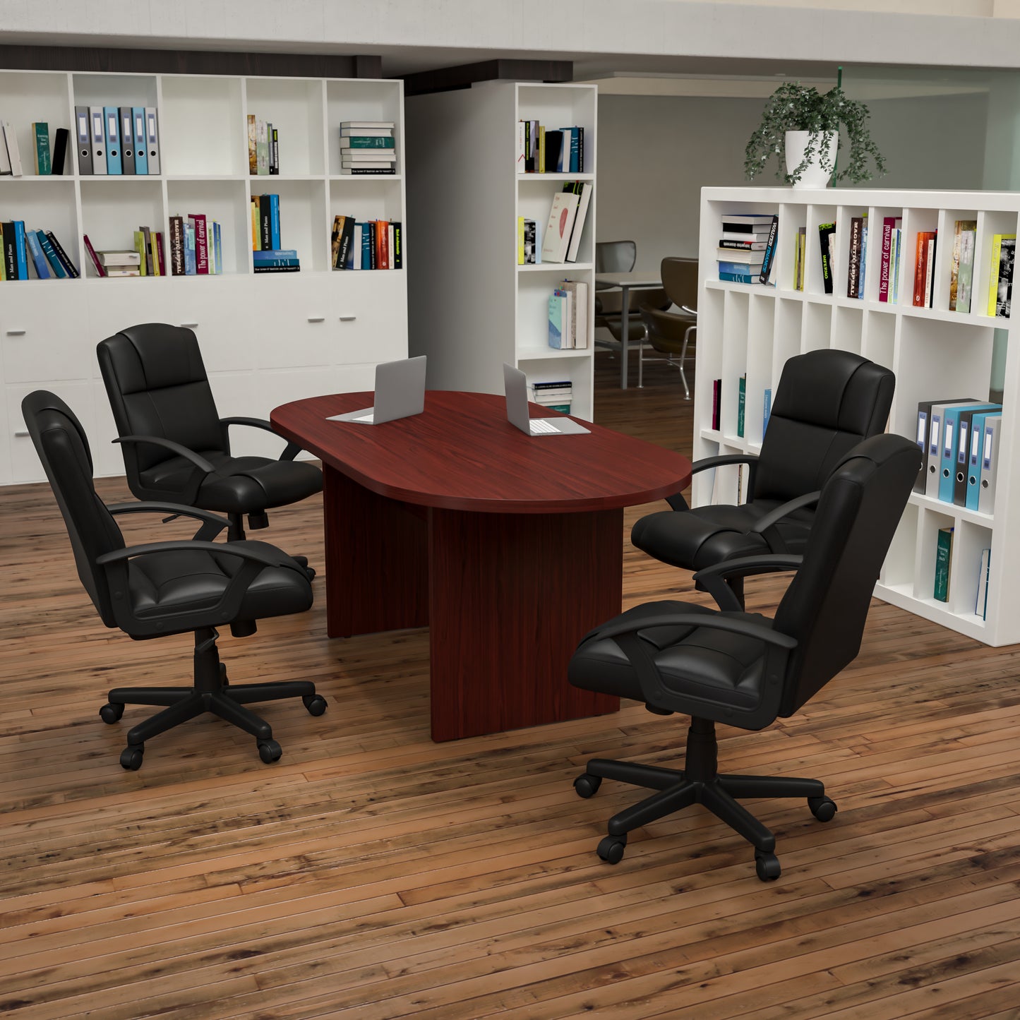 Lake 5 Piece Mahogany Oval Conference Table Set with 4 Black LeatherSoft-Padded Task Chairs Mahogany BLN-6GCMHGX000-BK-GG