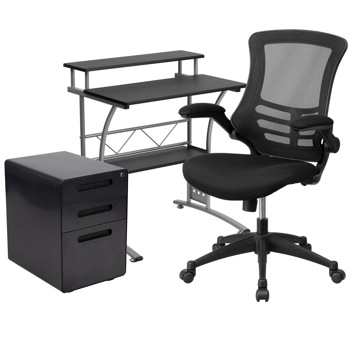Calder Work From Home Kit - Black Computer Desk, Ergonomic Mesh Office Chair and Locking Mobile Filing Cabinet with Inset Handles Black