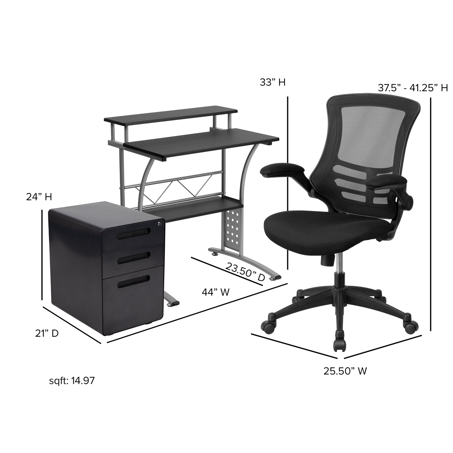Calder Work From Home Kit - Black Computer Desk, Ergonomic Mesh Office Chair and Locking Mobile Filing Cabinet with Inset Handles Black