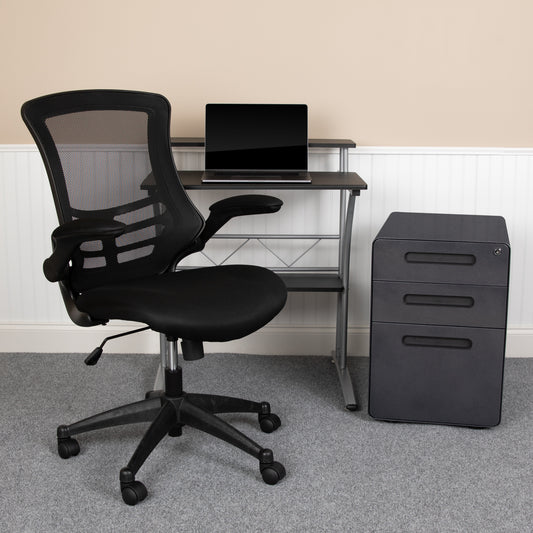 Calder Work From Home Kit - Black Computer Desk, Ergonomic Mesh Office Chair and Locking Mobile Filing Cabinet with Inset Handles Black BLN-CLIFAPPX5-BK-GG
