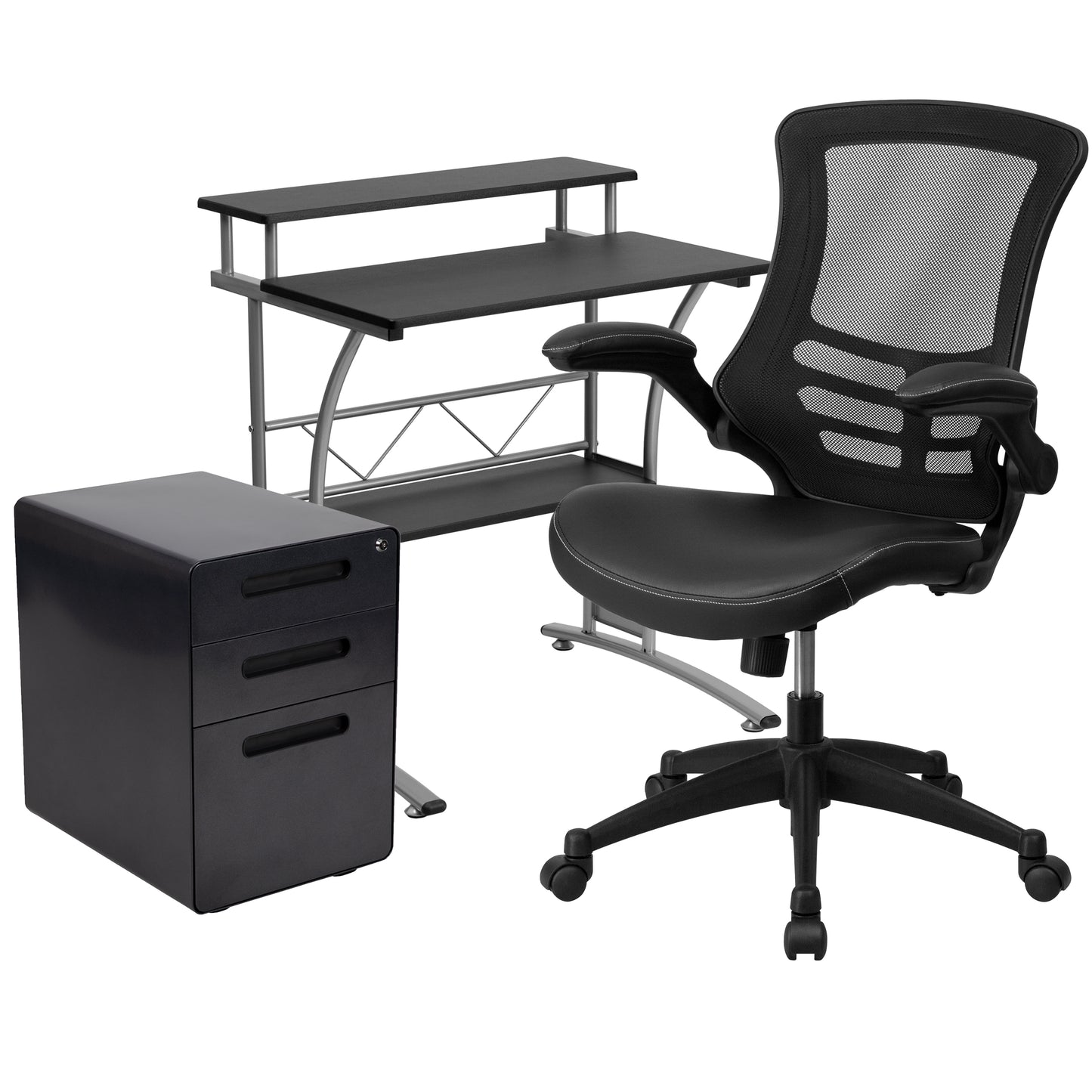 Calder Work From Home Kit - Black Computer Desk, Ergonomic Mesh/LeatherSoft Office Chair and Locking Mobile Filing Cabinet Black