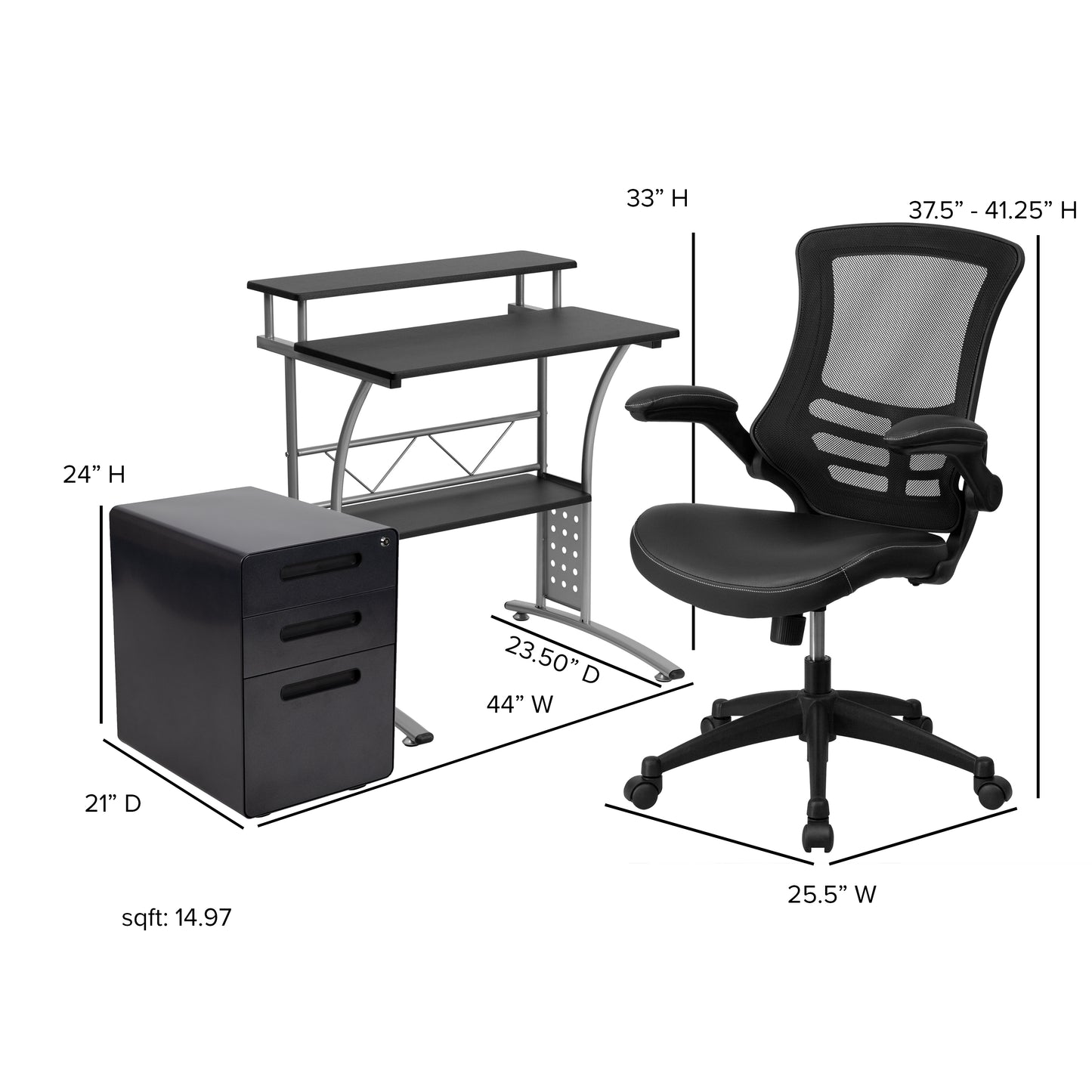 Calder Work From Home Kit - Black Computer Desk, Ergonomic Mesh/LeatherSoft Office Chair and Locking Mobile Filing Cabinet Black