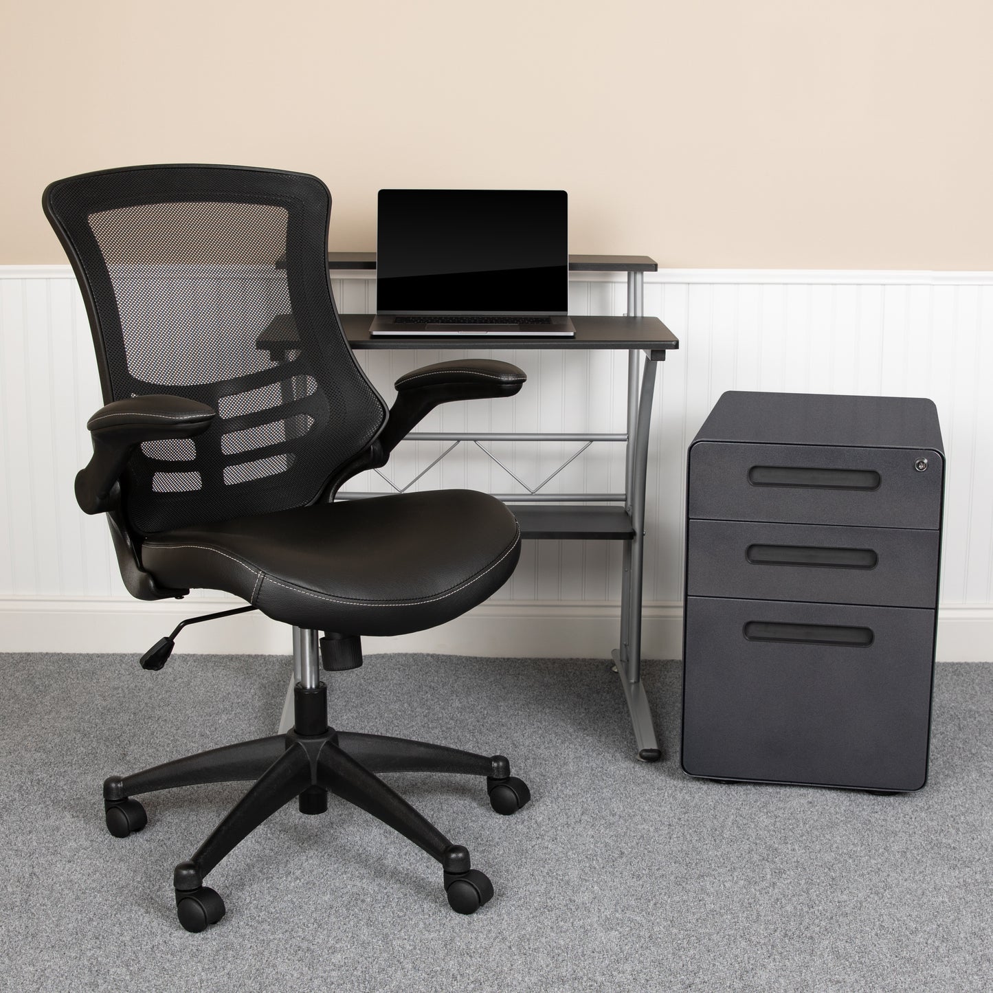 Calder Work From Home Kit - Black Computer Desk, Ergonomic Mesh/LeatherSoft Office Chair and Locking Mobile Filing Cabinet Black