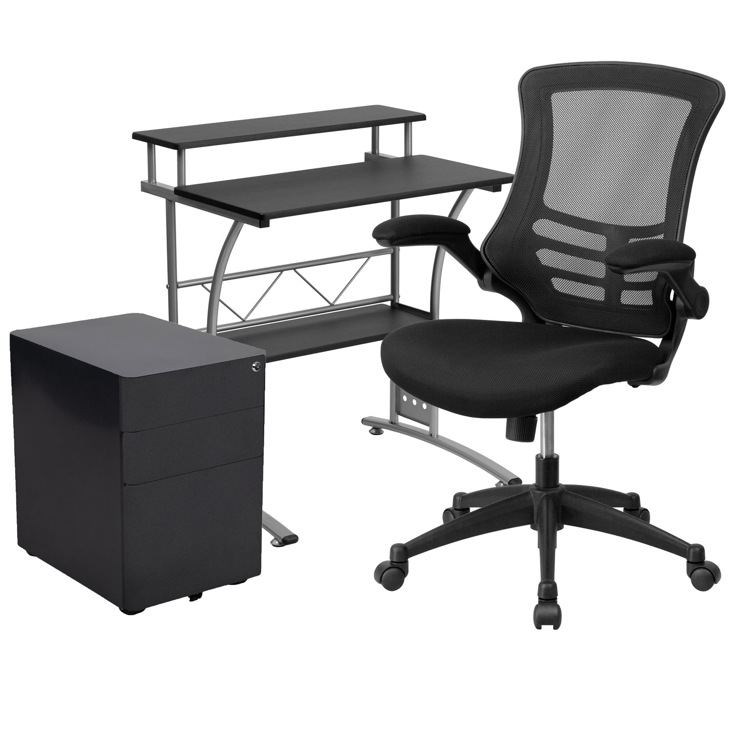 Calder Work From Home Kit - Black Computer Desk, Ergonomic Mesh Office Chair and Locking Mobile Filing Cabinet with Side Handles Black
