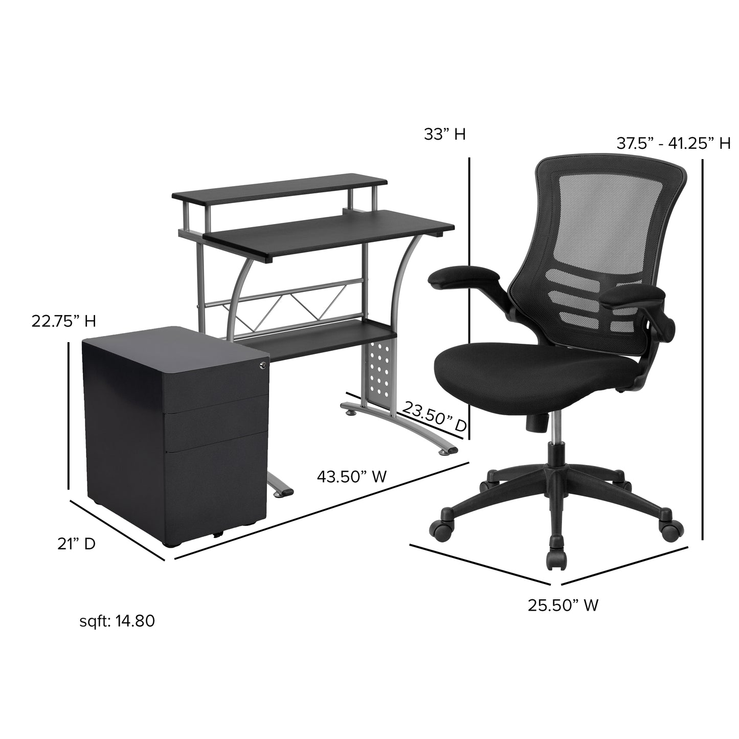 Calder Work From Home Kit - Black Computer Desk, Ergonomic Mesh Office Chair and Locking Mobile Filing Cabinet with Side Handles Black