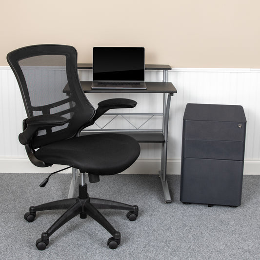 Calder Work From Home Kit - Black Computer Desk, Ergonomic Mesh Office Chair and Locking Mobile Filing Cabinet with Side Handles Black BLN-CLIFCHPX5-BK-GG