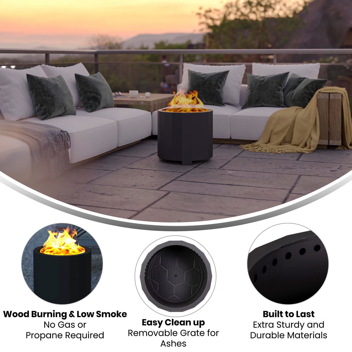 Titus Commercial Grade 19.5 inch Smokeless Outdoor Firepit, Natural Wood Burning Portable Fire Pit With Water-Resistant Cover, Black Black