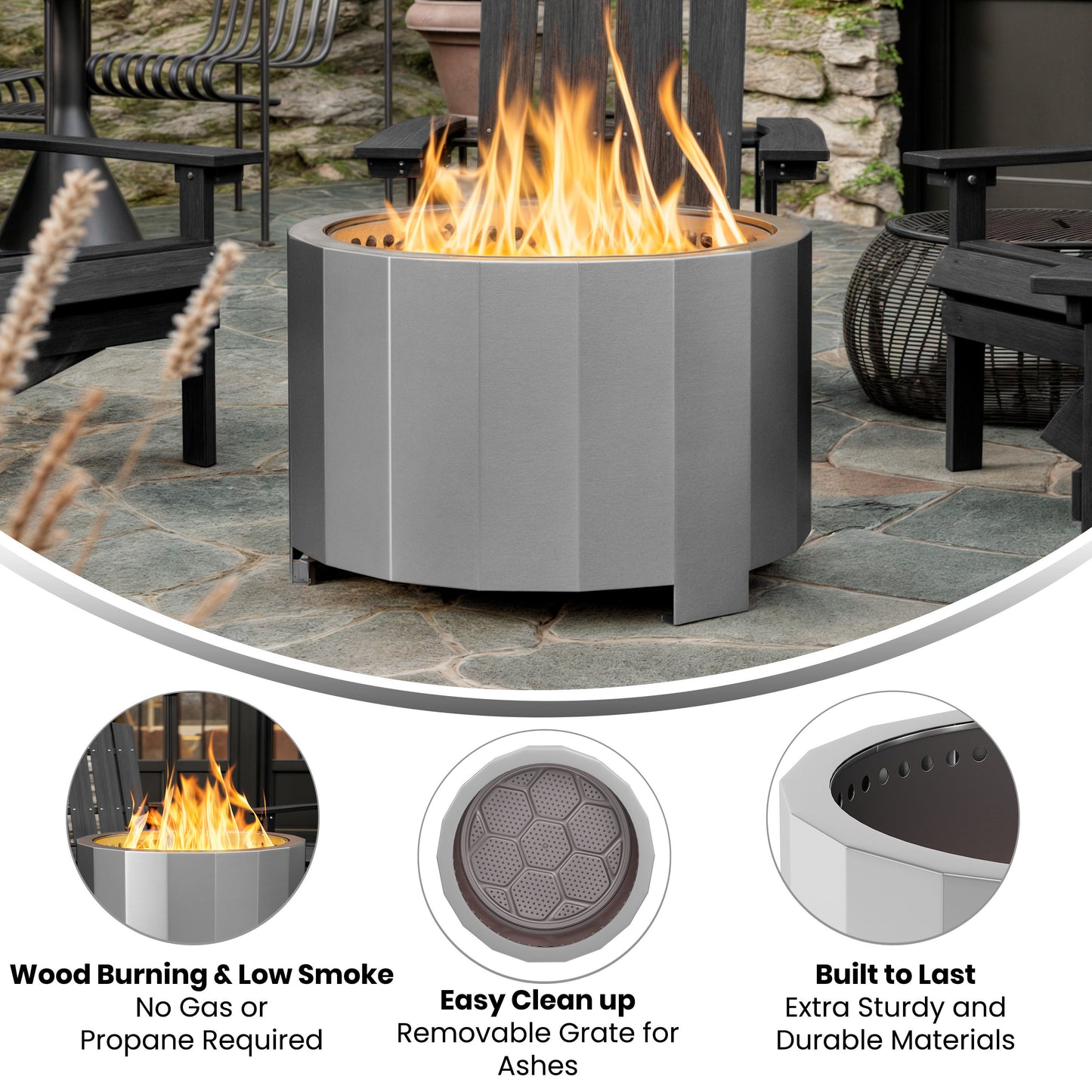 Titus Commercial Grade 27 inch Smokeless Outdoor Firepit, Natural Wood Burning Portable Fire Pit With Water-Resistant Cover, Stainless Steel Stainless Steel