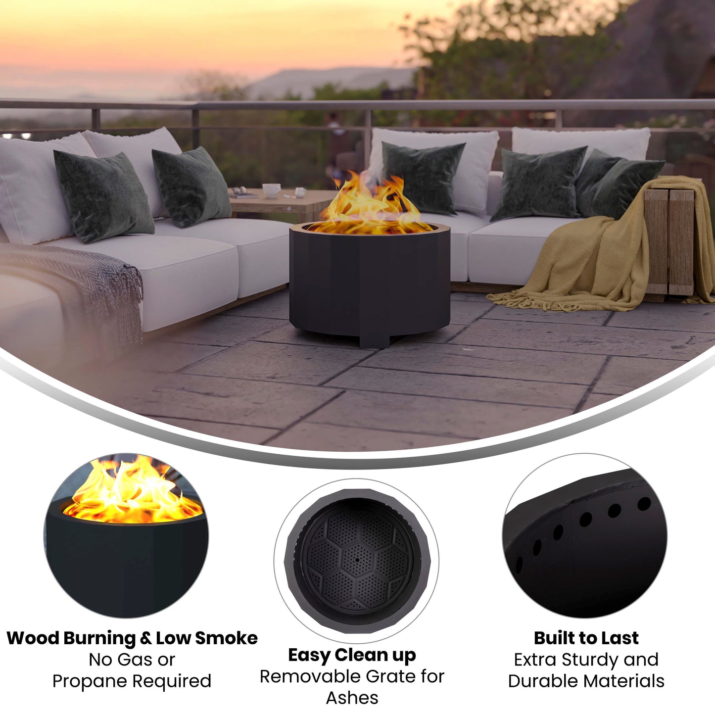 Titus Commercial Grade 27 inch Smokeless Outdoor Firepit, Natural Wood Burning Portable Fire Pit With Water-Resistant Cover, Black Black
