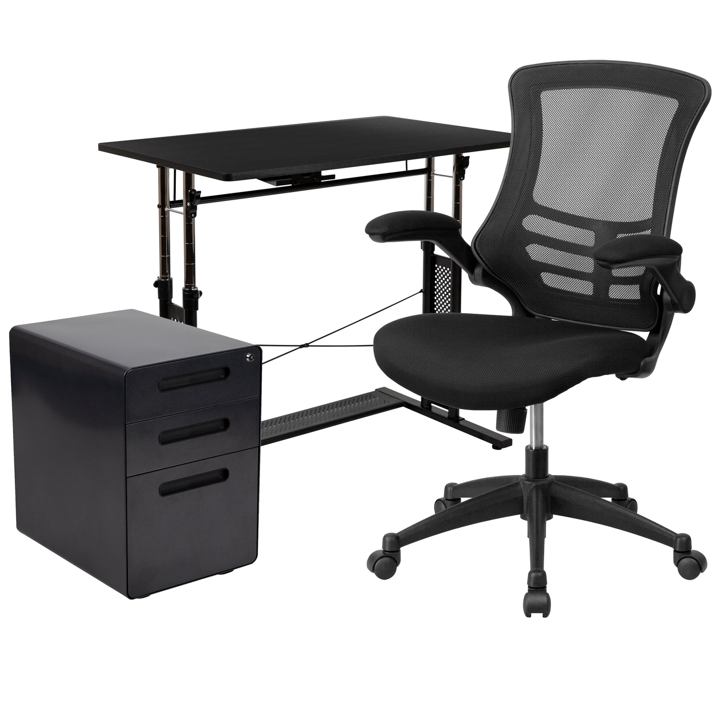 Stiles Work From Home Kit - Adjustable Computer Desk, Ergonomic Mesh Office Chair and Locking Mobile Filing Cabinet with Inset Handles Black