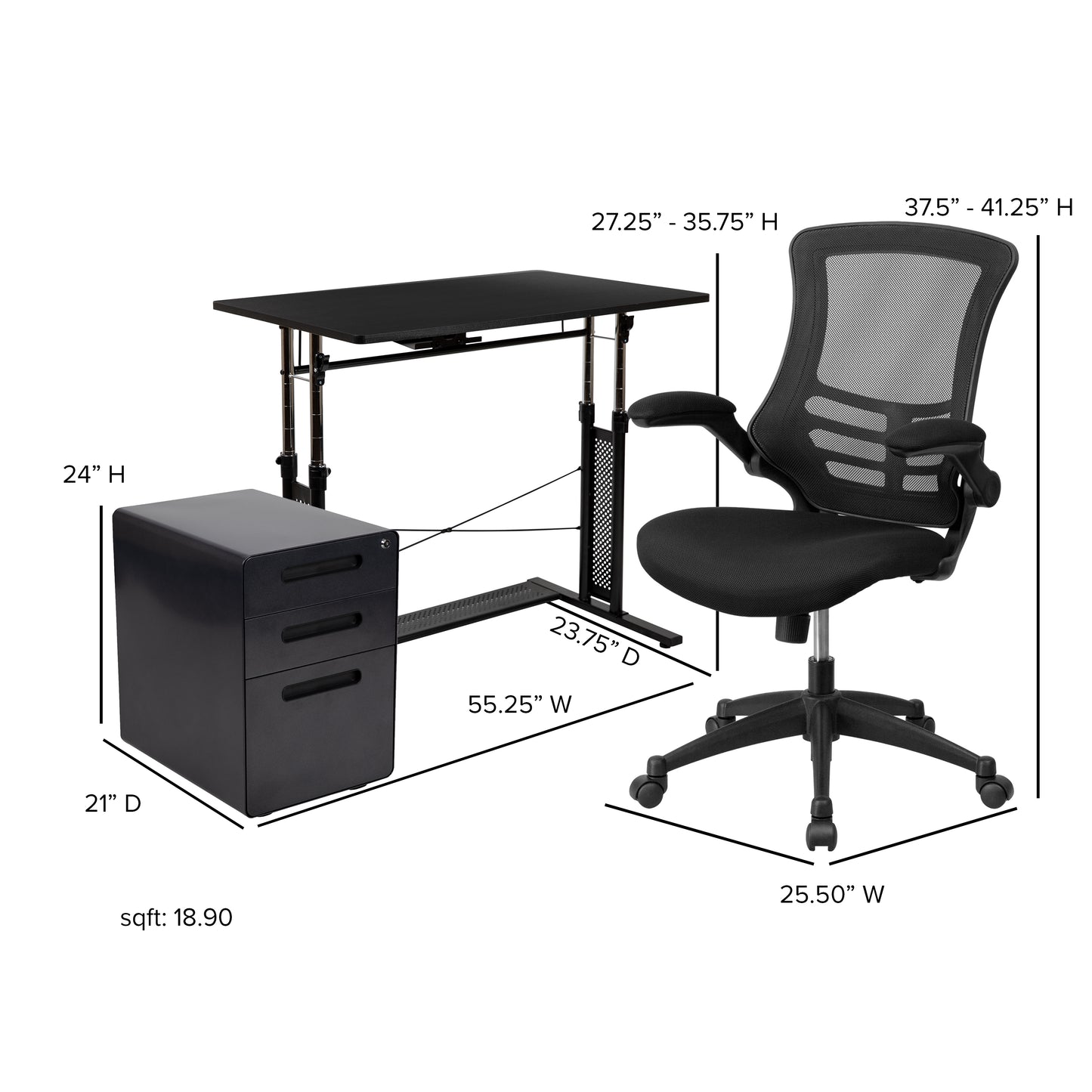 Stiles Work From Home Kit - Adjustable Computer Desk, Ergonomic Mesh Office Chair and Locking Mobile Filing Cabinet with Inset Handles Black