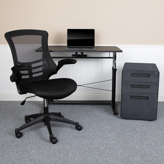 Stiles Work From Home Kit - Adjustable Computer Desk, Ergonomic Mesh Office Chair and Locking Mobile Filing Cabinet with Inset Handles Black BLN-NAN21APX5L-BK-GG