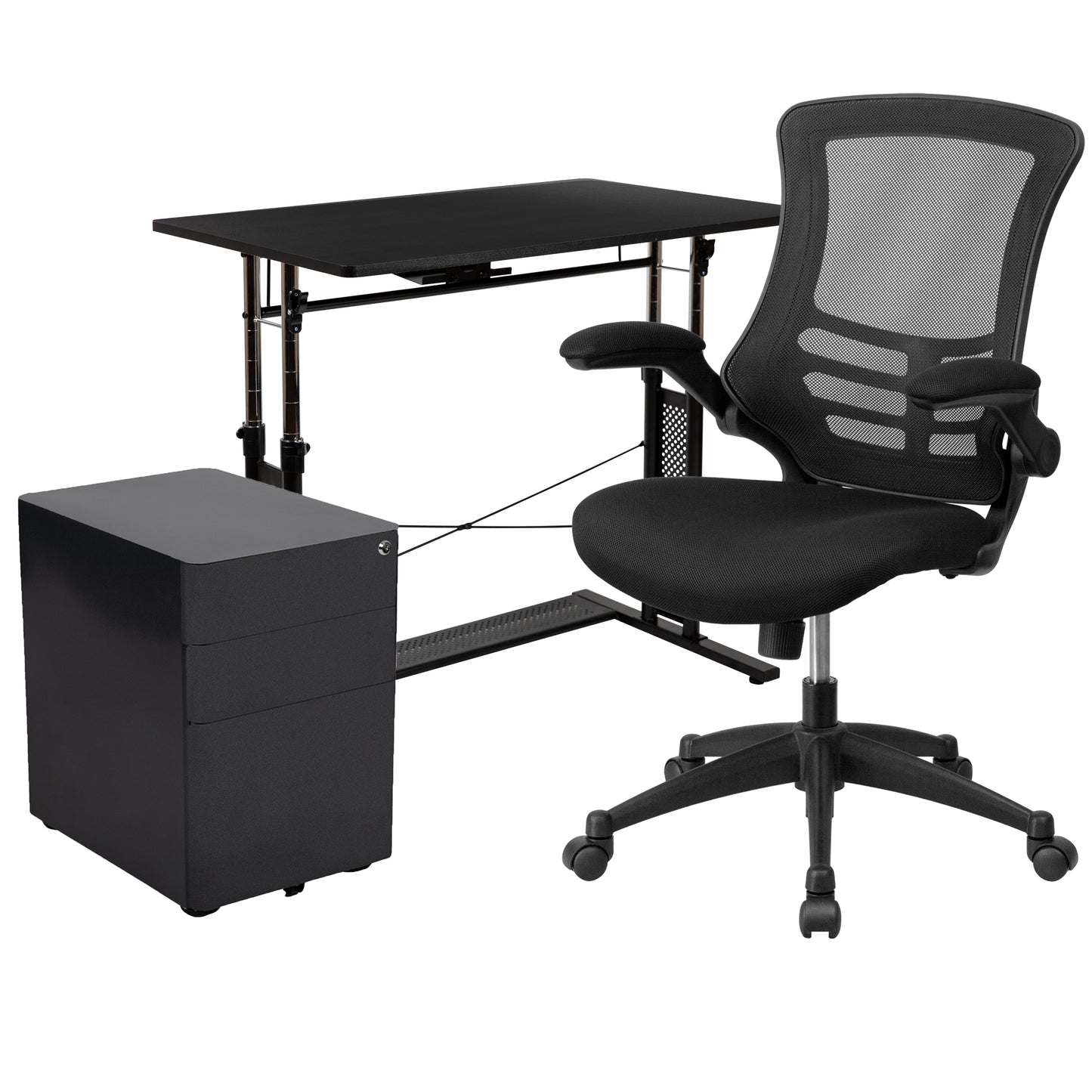 Stiles Work From Home Kit - Adjustable Computer Desk, Ergonomic Mesh Office Chair and Locking Mobile Filing Cabinet with Side Handles Black