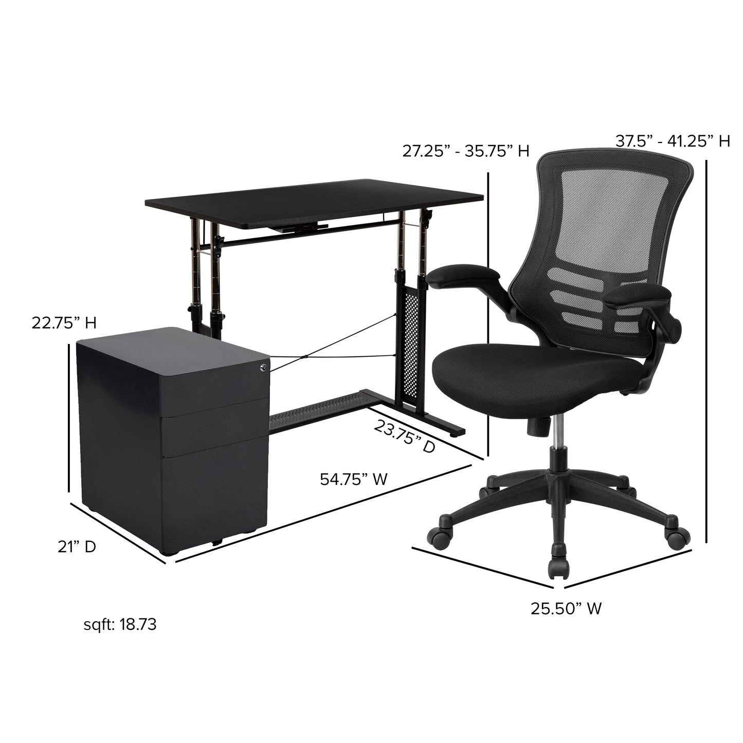 Stiles Work From Home Kit - Adjustable Computer Desk, Ergonomic Mesh Office Chair and Locking Mobile Filing Cabinet with Side Handles Black