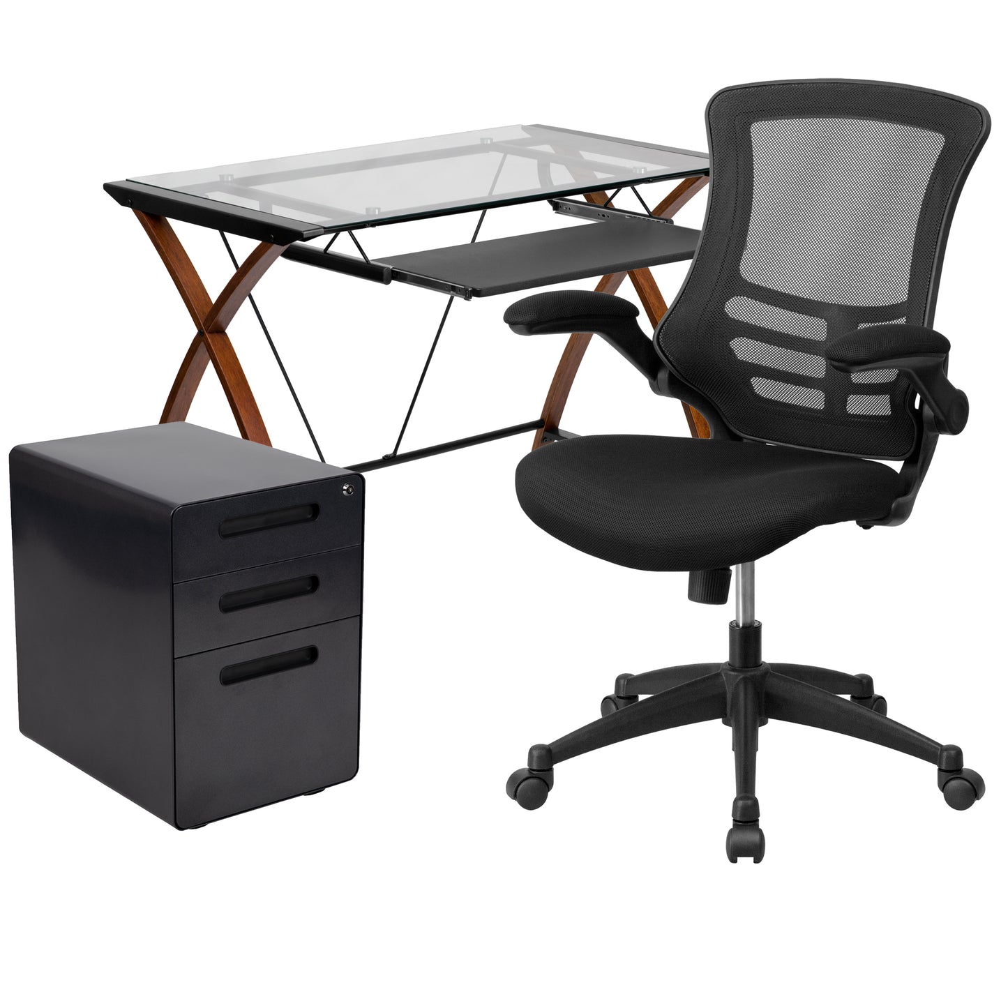 Stiles Work From Home Kit - Glass Desk with Keyboard Tray, Ergonomic Mesh Office Chair and Filing Cabinet with Lock & Inset Handles Black