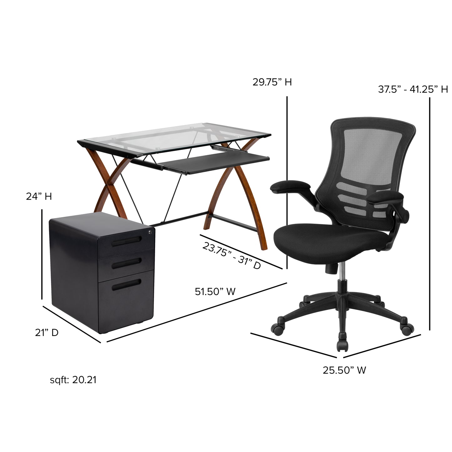 Stiles Work From Home Kit - Glass Desk with Keyboard Tray, Ergonomic Mesh Office Chair and Filing Cabinet with Lock & Inset Handles Black