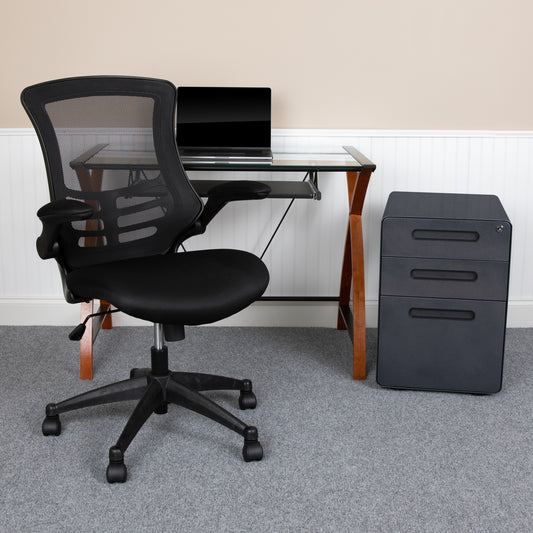Stiles Work From Home Kit - Glass Desk with Keyboard Tray, Ergonomic Mesh Office Chair and Filing Cabinet with Lock & Inset Handles Black BLN-NAN28APX5-BK-GG