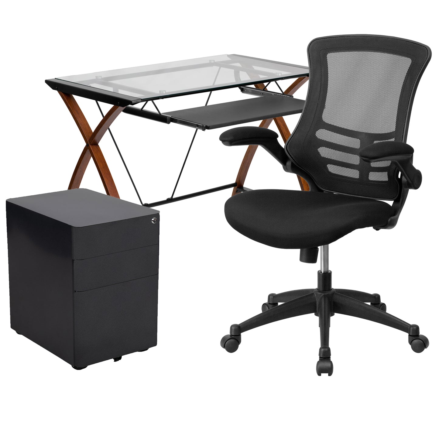 Stiles Work From Home Kit - Glass Desk with Keyboard Tray, Ergonomic Mesh Office Chair and Filing Cabinet with Lock & Side Handles Black
