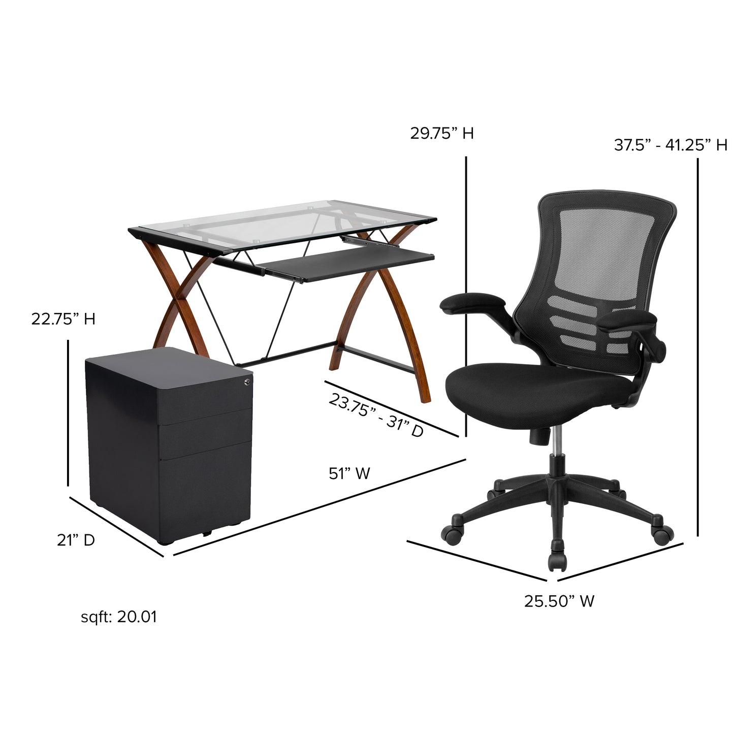 Stiles Work From Home Kit - Glass Desk with Keyboard Tray, Ergonomic Mesh Office Chair and Filing Cabinet with Lock & Side Handles Black
