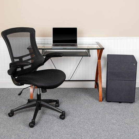 Stiles Work From Home Kit - Glass Desk with Keyboard Tray, Ergonomic Mesh Office Chair and Filing Cabinet with Lock & Side Handles Black BLN-NAN28CHPX5-BK-GG