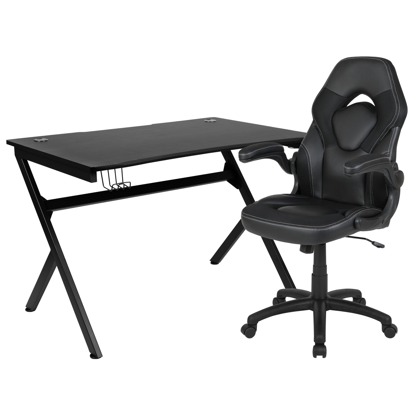 Optis Black Gaming Desk and Black Racing Chair Set with Cup Holder, Headphone Hook & 2 Wire Management Holes Black