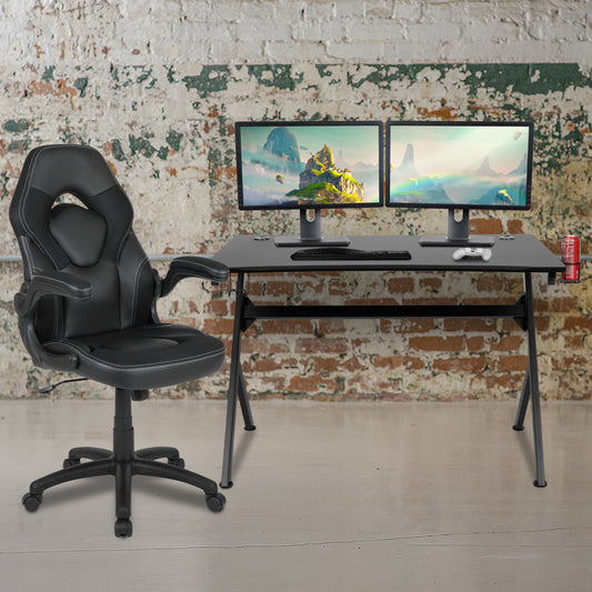 Optis Black Gaming Desk and Black Racing Chair Set with Cup Holder, Headphone Hook & 2 Wire Management Holes Black