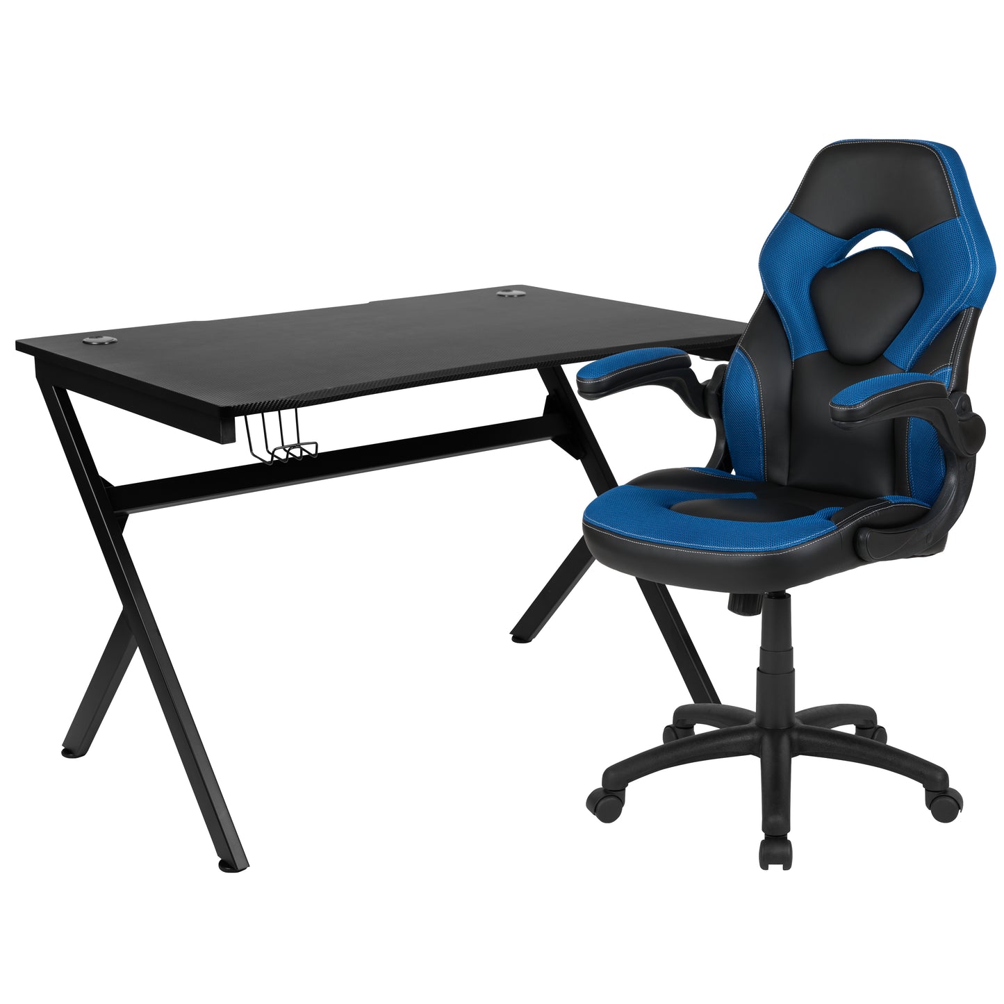 Optis Black Gaming Desk and Blue and Black Racing Chair Set with Cup Holder, Headphone Hook & 2 Wire Management Holes Blue
