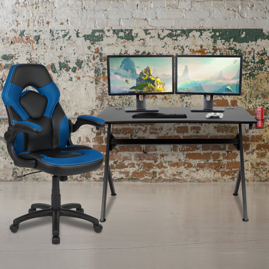 Optis Black Gaming Desk and Blue and Black Racing Chair Set with Cup Holder, Headphone Hook & 2 Wire Management Holes Blue
