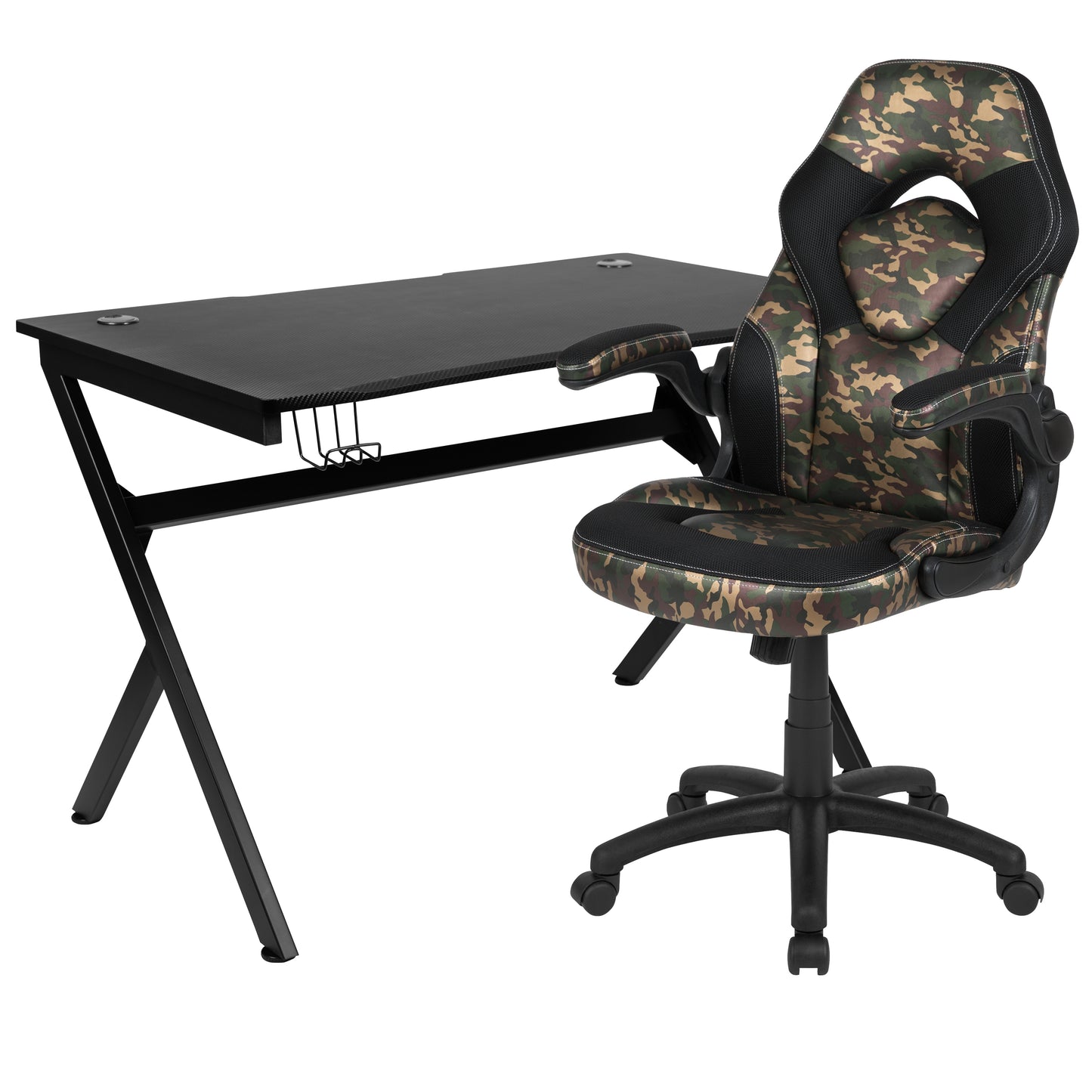 Optis Black Gaming Desk and Camouflage/Black Racing Chair Set with Cup Holder, Headphone Hook & 2 Wire Management Holes Camouflage