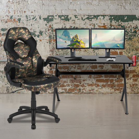 Optis Black Gaming Desk and Camouflage/Black Racing Chair Set with Cup Holder, Headphone Hook & 2 Wire Management Holes Camouflage