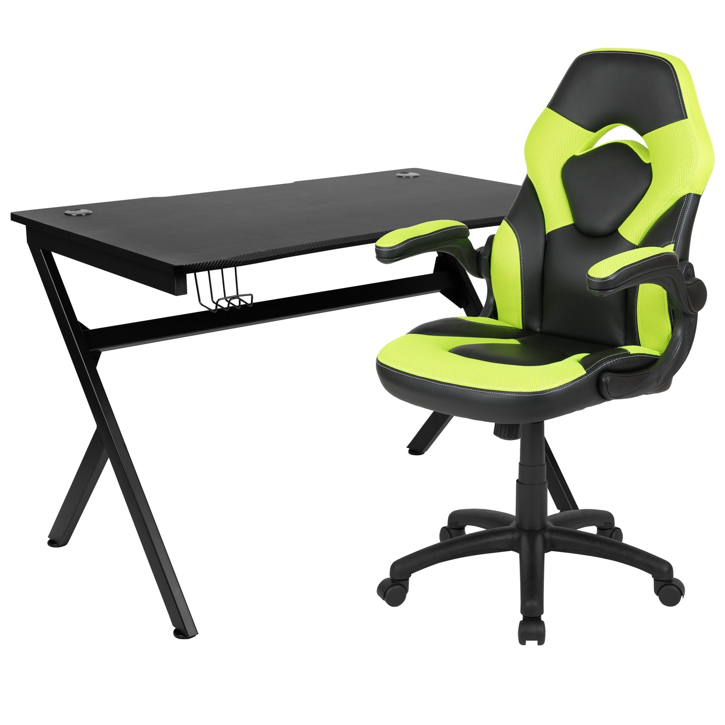 Optis Black Gaming Desk and Green/Black Racing Chair Set with Cup Holder, Headphone Hook & 2 Wire Management Holes Green