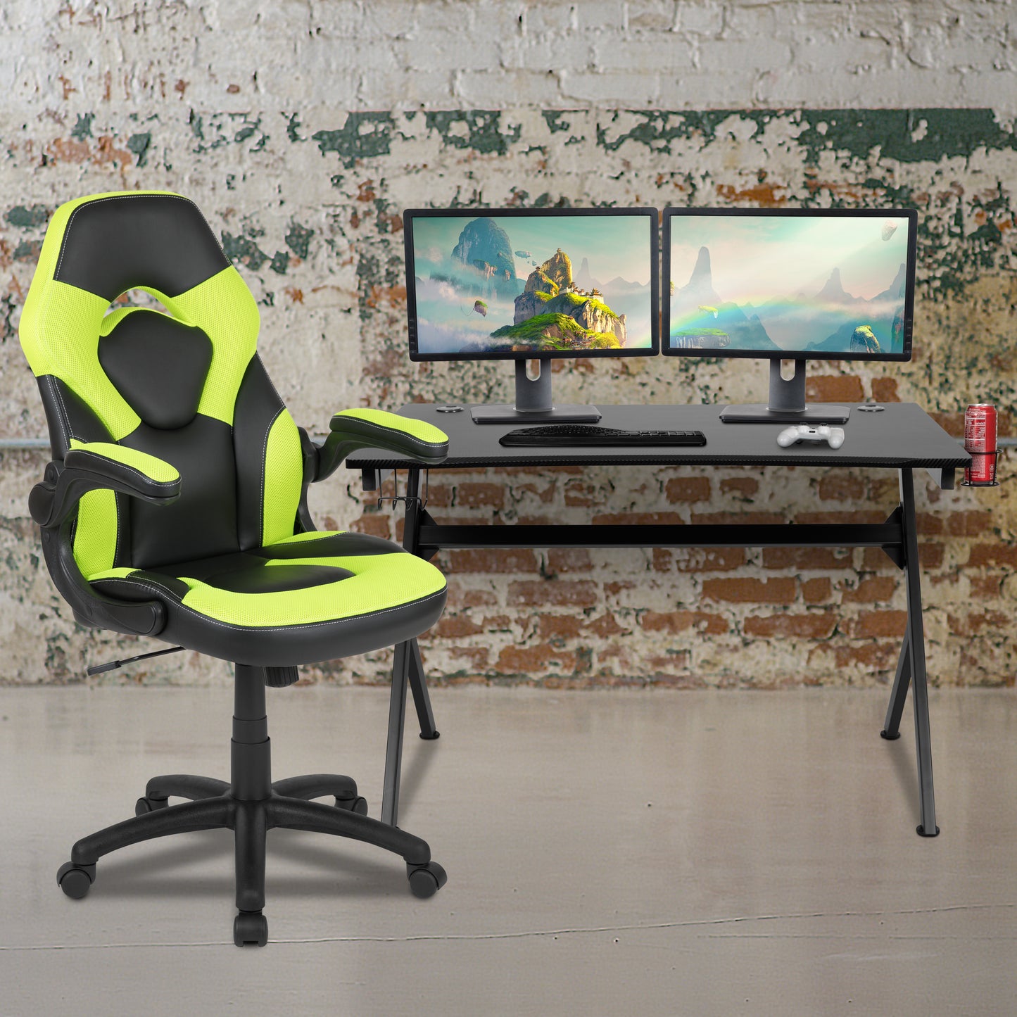 Optis Black Gaming Desk and Green/Black Racing Chair Set with Cup Holder, Headphone Hook & 2 Wire Management Holes Green