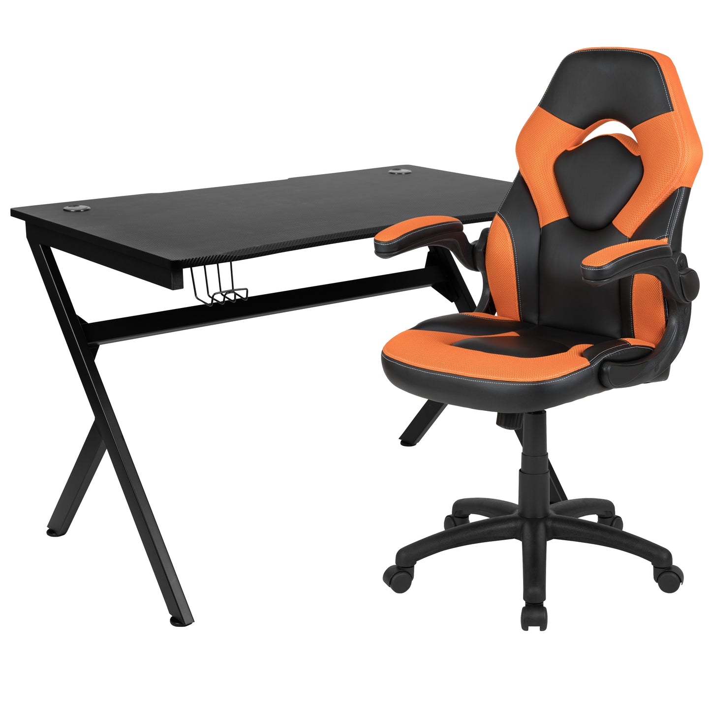 Optis Black Gaming Desk and Orange/Black Racing Chair Set with Cup Holder, Headphone Hook & 2 Wire Management Holes Orange