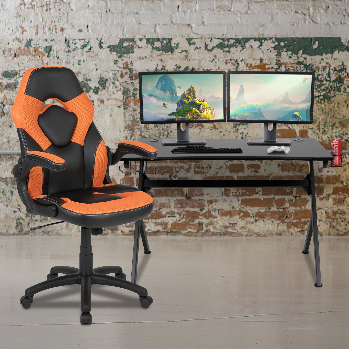 Optis Black Gaming Desk and Orange/Black Racing Chair Set with Cup Holder, Headphone Hook & 2 Wire Management Holes Orange
