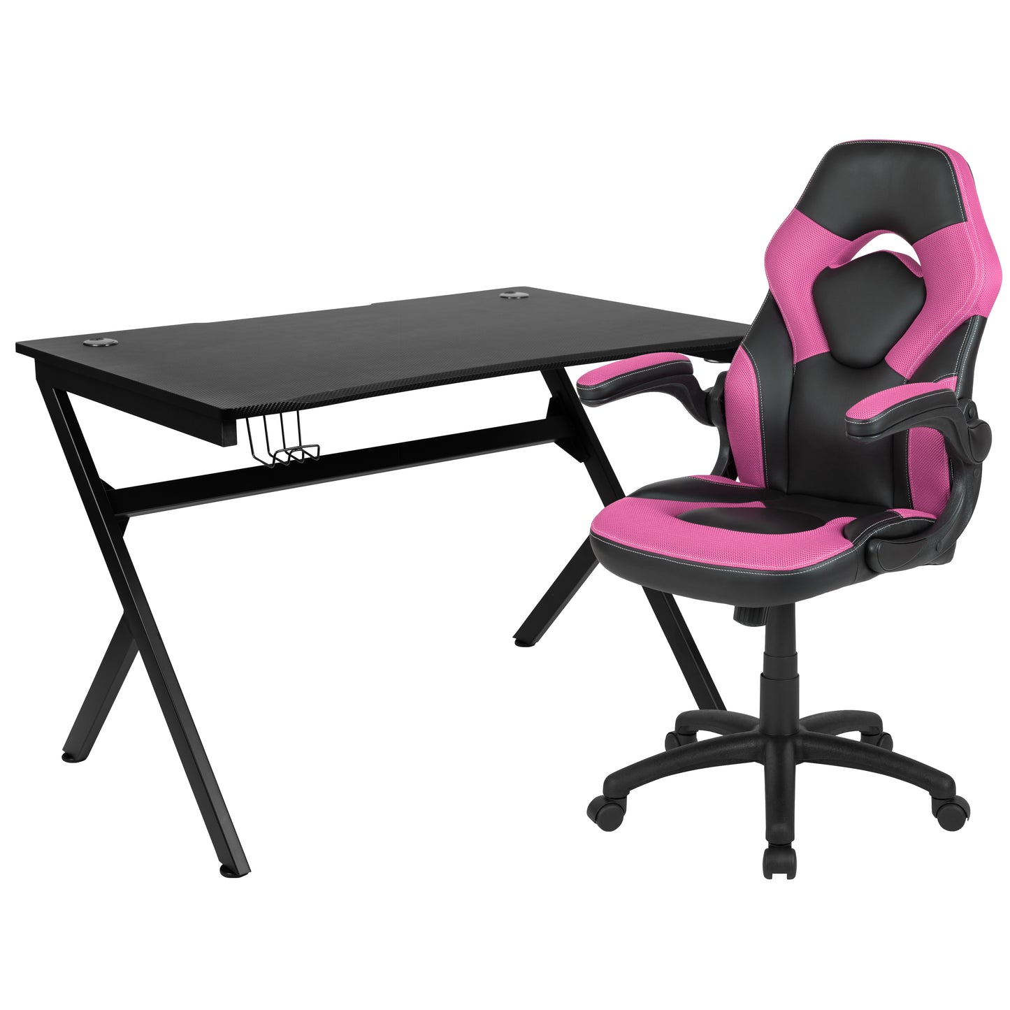 Optis Black Gaming Desk and Pink/Black Racing Chair Set with Cup Holder, Headphone Hook & 2 Wire Management Holes Pink