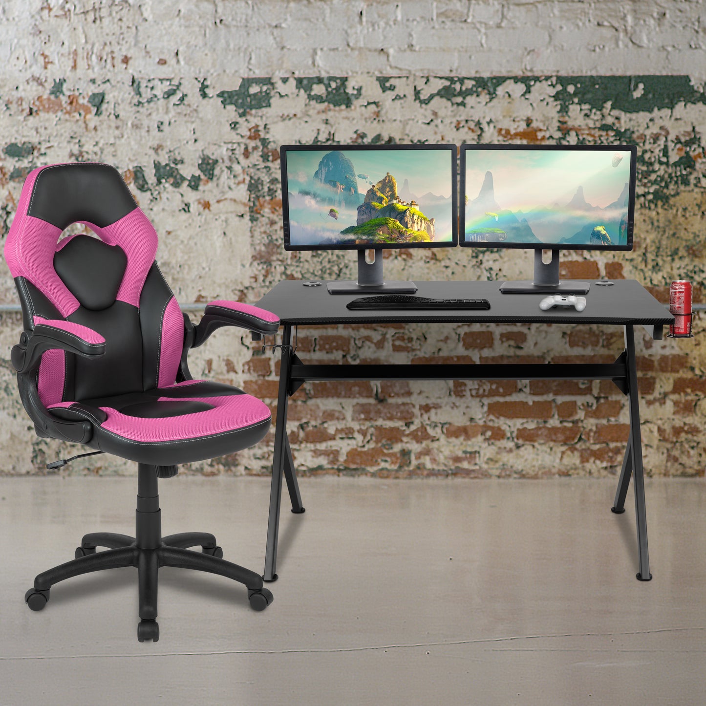 Optis Black Gaming Desk and Pink/Black Racing Chair Set with Cup Holder, Headphone Hook & 2 Wire Management Holes Pink