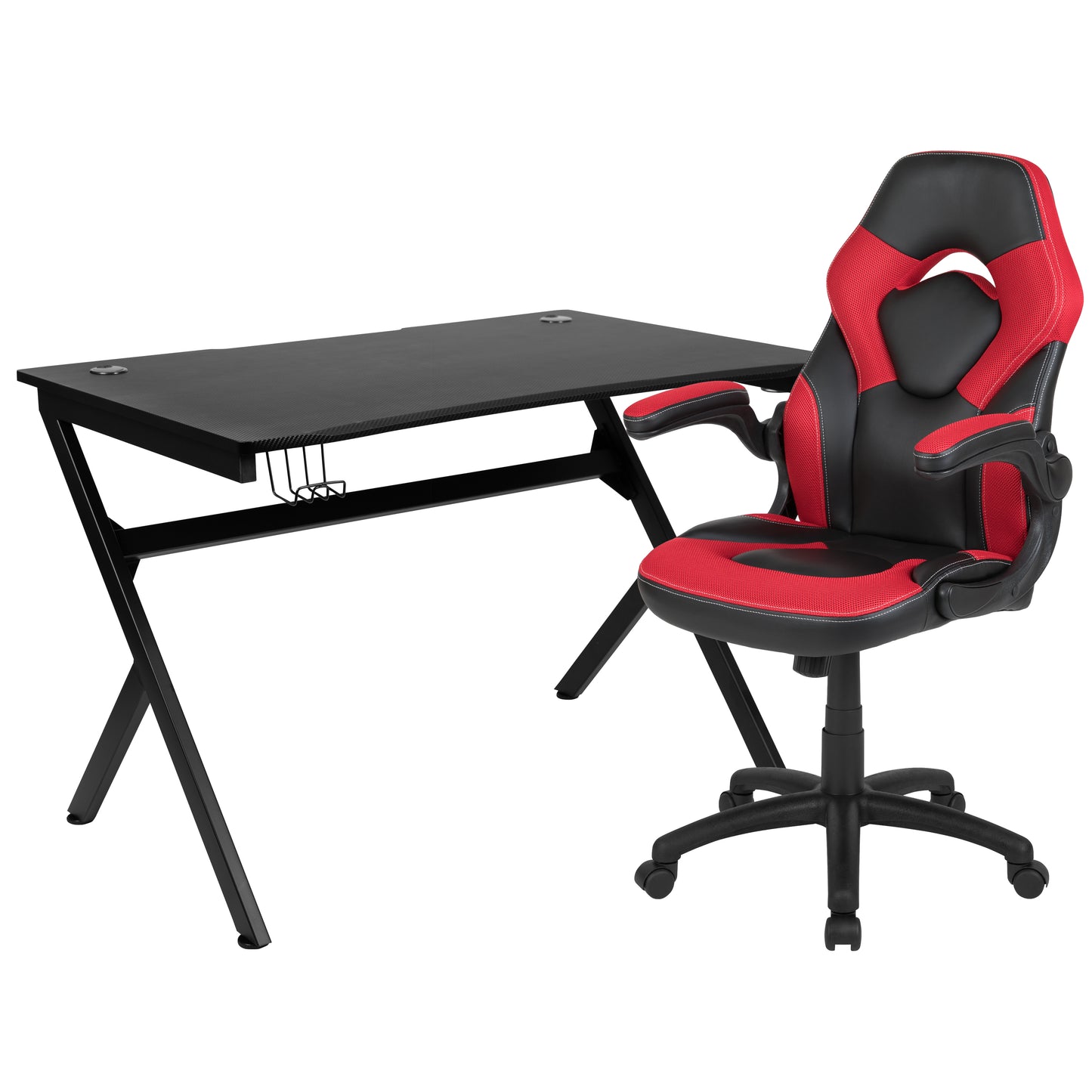Optis Black Gaming Desk and Red/Black Racing Chair Set with Cup Holder, Headphone Hook & 2 Wire Management Holes Red