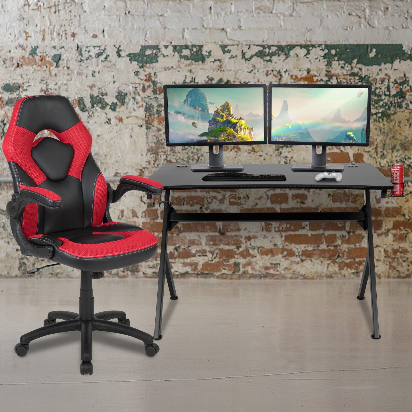 Optis Black Gaming Desk and Red/Black Racing Chair Set with Cup Holder, Headphone Hook & 2 Wire Management Holes Red