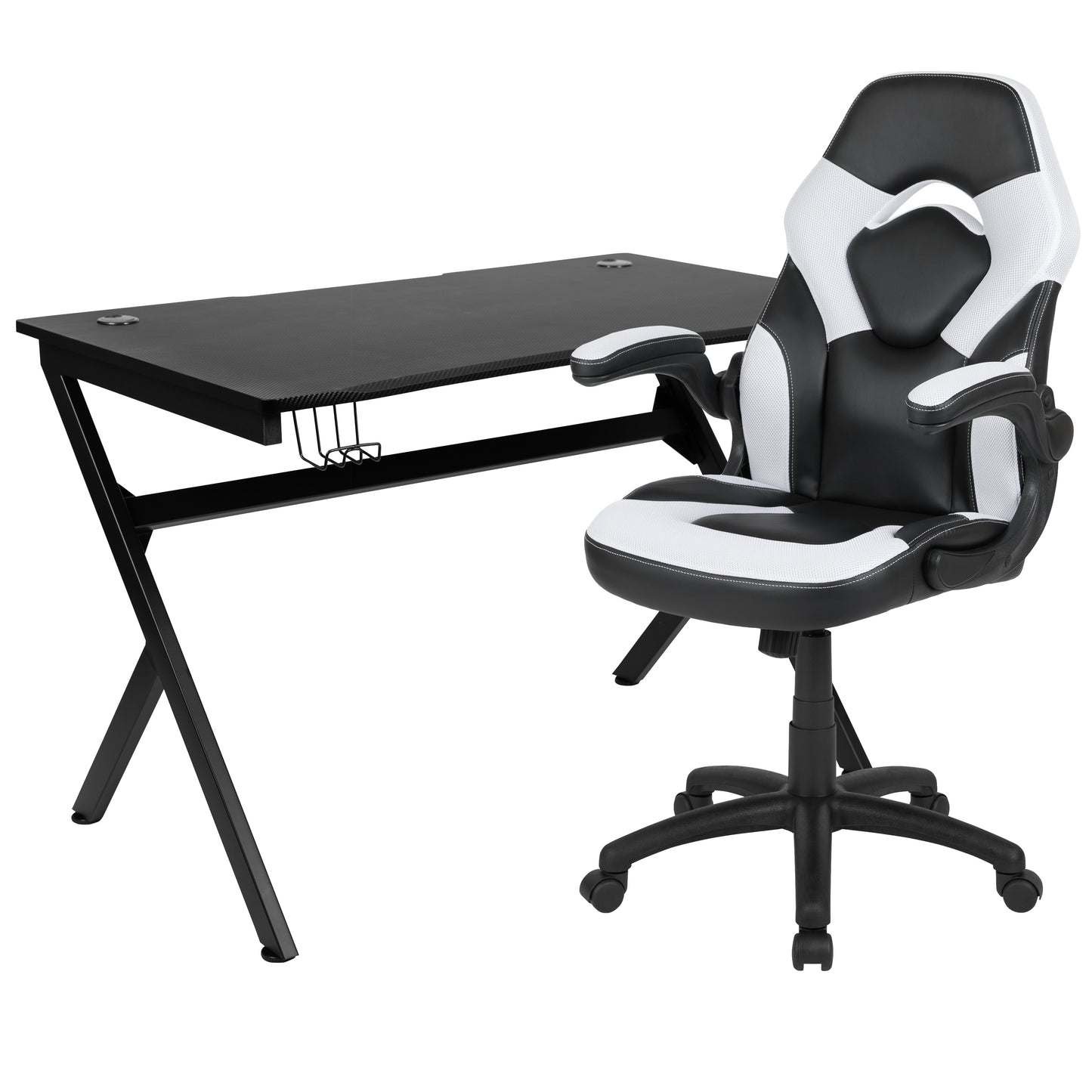 Optis Black Gaming Desk and White/Black Racing Chair Set with Cup Holder, Headphone Hook & 2 Wire Management Holes White
