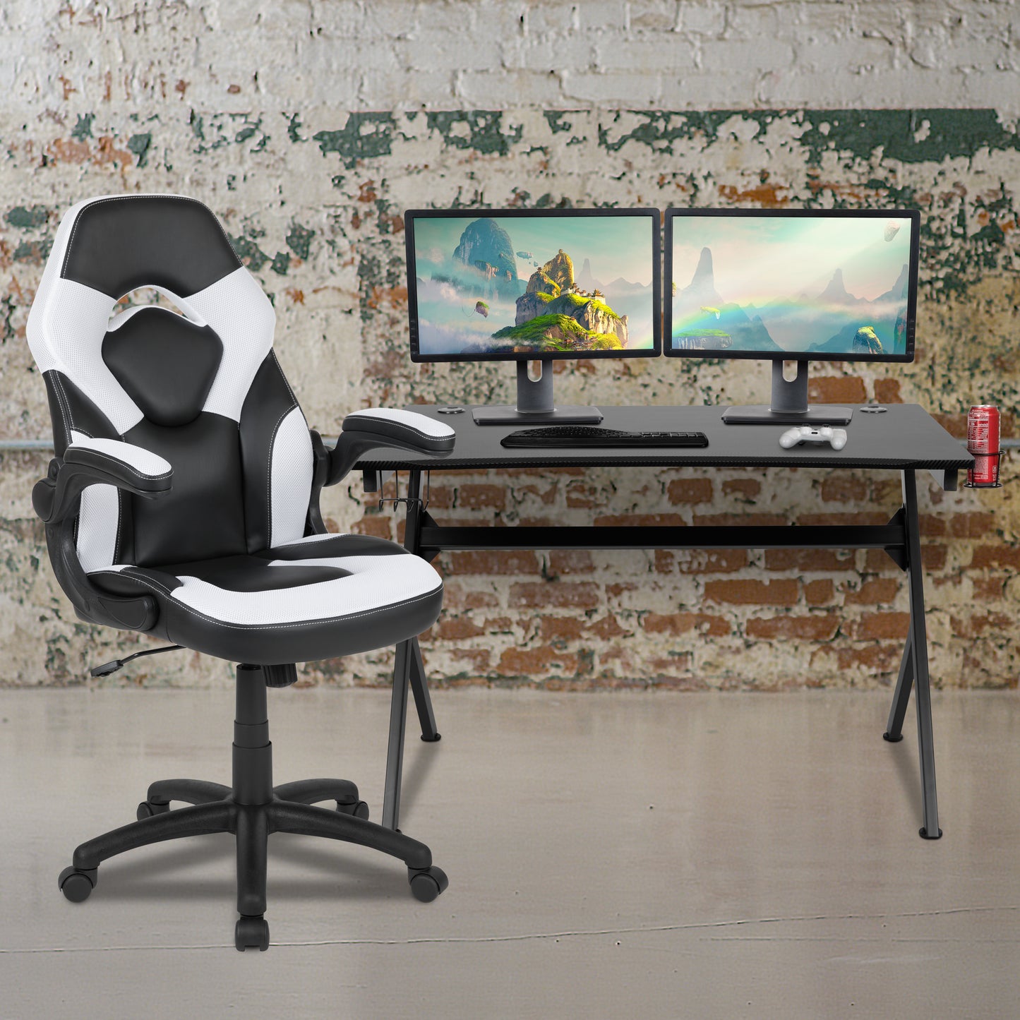 Optis Black Gaming Desk and White/Black Racing Chair Set with Cup Holder, Headphone Hook & 2 Wire Management Holes White