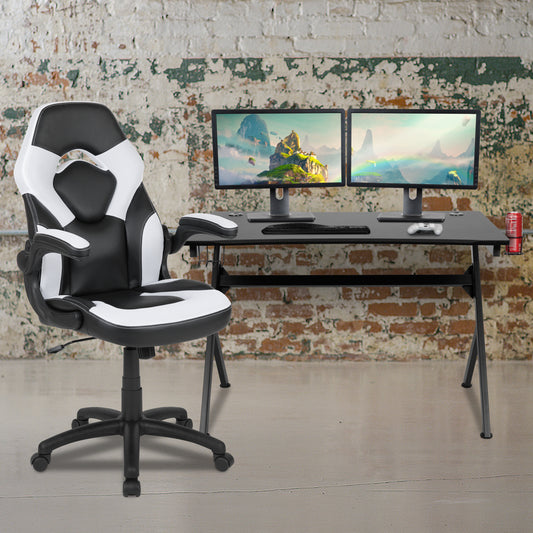 Optis Black Gaming Desk and White/Black Racing Chair Set with Cup Holder, Headphone Hook & 2 Wire Management Holes White