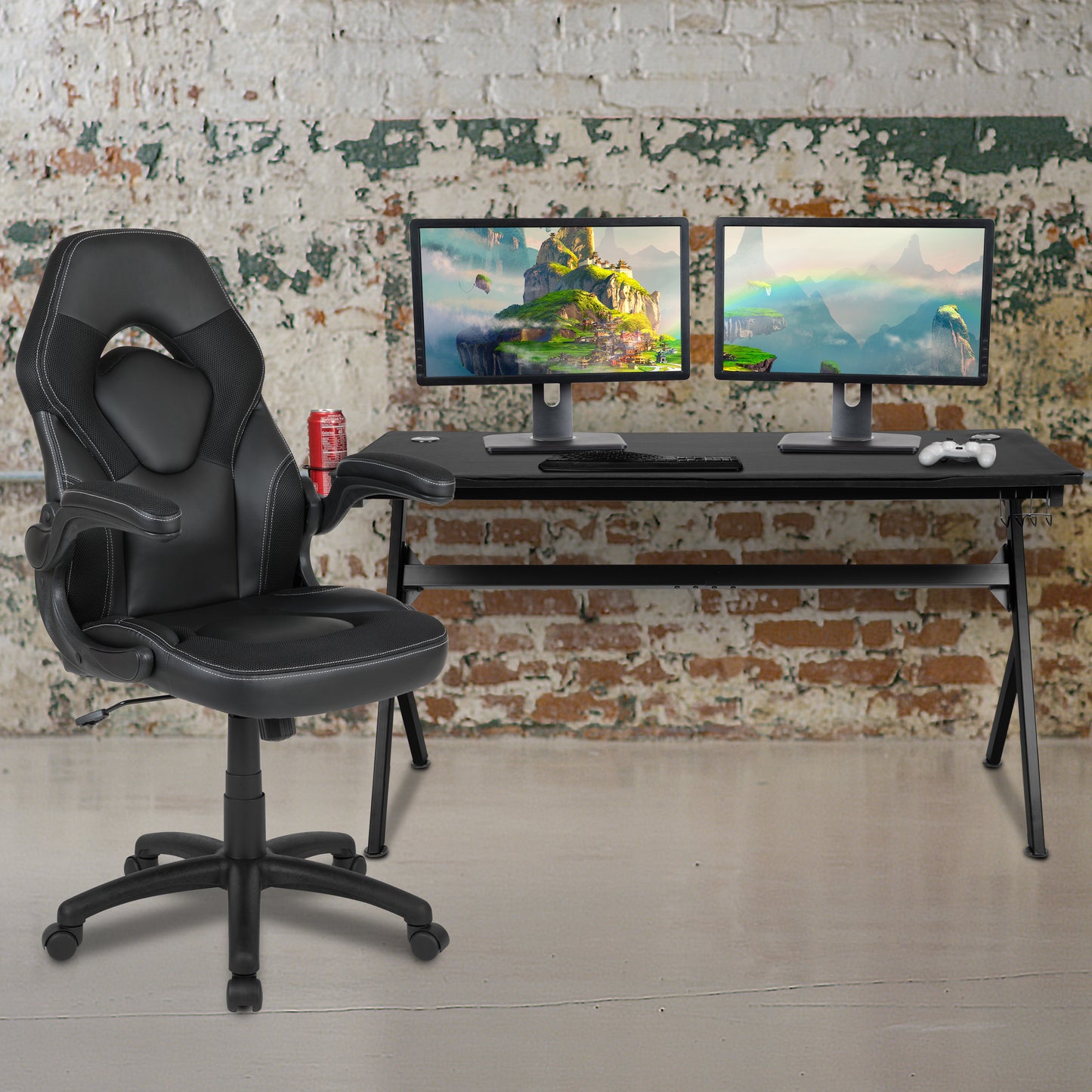 Optis Gaming Desk and Black Racing Chair Set /Cup Holder/Headphone Hook/Removable Mouse Pad Top - 2 Wire Management Holes Black